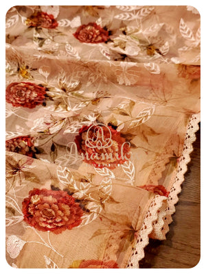 Peach floral organza saree with all over embroidery