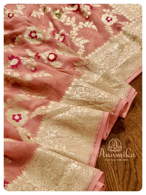 Peach Banarasi Georgette with Off white work blouse