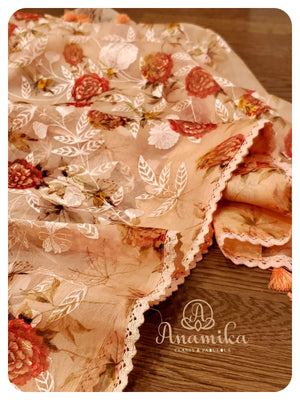 Peach floral organza saree with all over embroidery