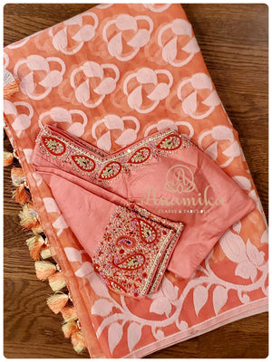 Peach Jamdaani saree with peach work blouse