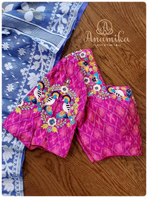 Blue Jamdaani saree with pink ikkat work blouse