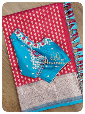 Pinkish Red Pattu saree with Blue Blouse