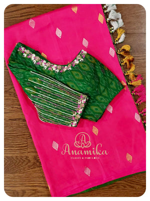 Pink kanchi softsilk saree with Ikkat work blouse