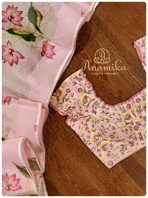 Pink Floral Organza Saree with heavy handwork blouse