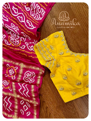 Pink Bandini Gharchola with a yellow blouse