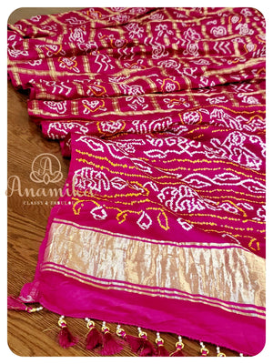 Pink Bandini Gharchola with a yellow blouse