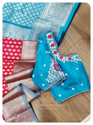 Pinkish Red Pattu saree with Blue Blouse