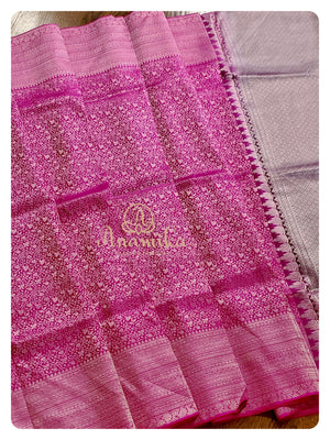 Hot Pink Kanchipattu saree with off white blouse