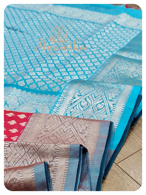 Pinkish Red Pattu saree with Blue Blouse