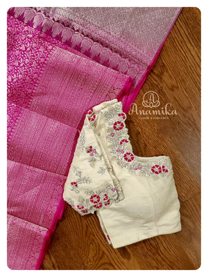 Hot Pink Kanchipattu saree with off white blouse