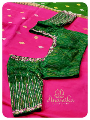 Pink kanchi softsilk saree with Ikkat work blouse