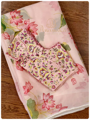 Pink Floral Organza Saree with heavy handwork blouse