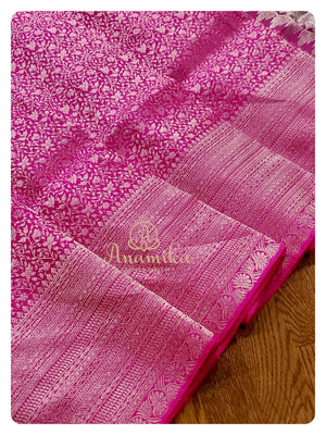 Hot Pink Kanchipattu saree with off white blouse