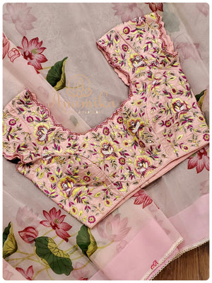 Pink Floral Organza Saree with heavy handwork blouse