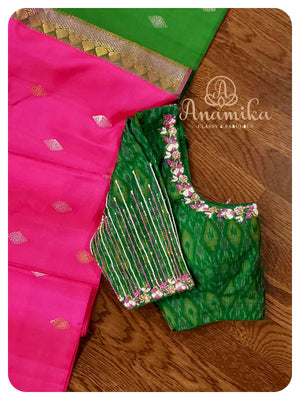Pink kanchi softsilk saree with Ikkat work blouse