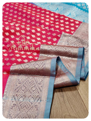 Pinkish Red Pattu saree with Blue Blouse