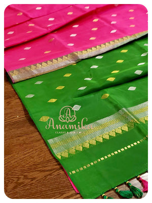 Pink kanchi softsilk saree with Ikkat work blouse