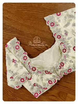 Hot Pink Kanchipattu saree with off white blouse