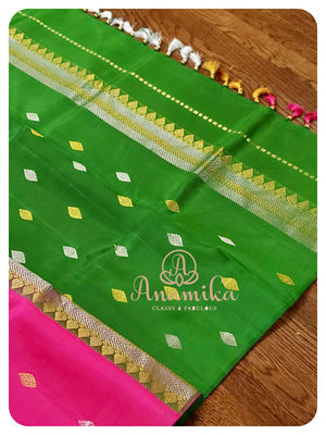 Pink kanchi softsilk saree with Ikkat work blouse