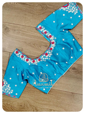 Pinkish Red Pattu saree with Blue Blouse