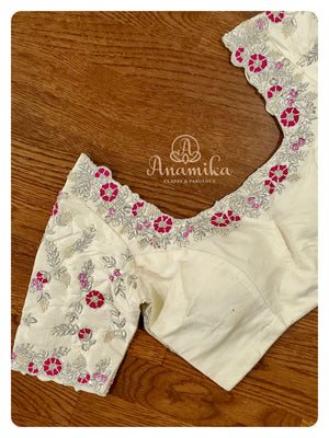 Hot Pink Kanchipattu saree with off white blouse