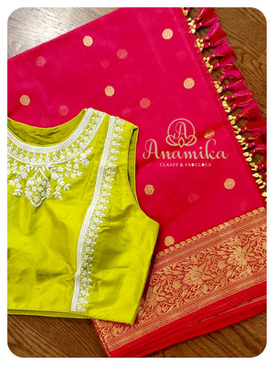 Pink Chanderi Silk Saree with sleeveless pearl-work blouse