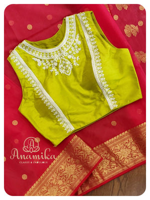 Pink Chanderi Silk Saree with sleeveless pearl-work blouse