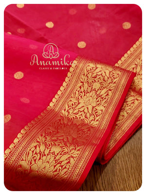 Pink Chanderi Silk Saree with sleeveless pearl-work blouse