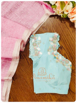 Pink Lenin Silk saree with blue crepe blouse