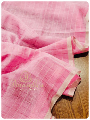 Pink Lenin Silk saree with blue crepe blouse