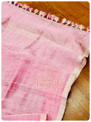 Pink Lenin Silk saree with blue crepe blouse