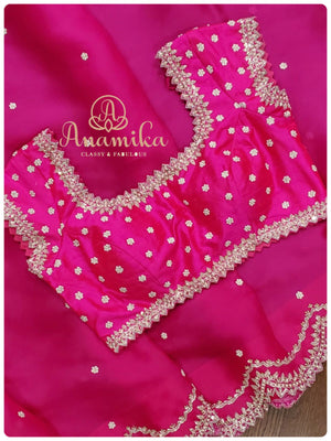 Hot Pink Satin organza saree with beautiful handwork scallop border