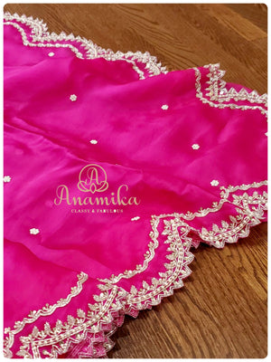 Hot Pink Satin organza saree with beautiful handwork scallop border