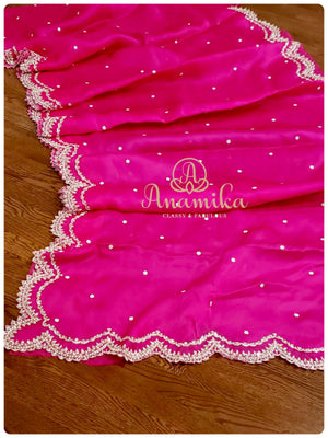 Hot Pink Satin organza saree with beautiful handwork scallop border