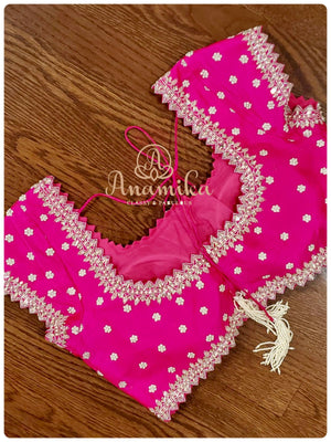 Hot Pink Satin organza saree with beautiful handwork scallop border