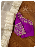 Cream organza saree with parsi work - Purple Blouse
