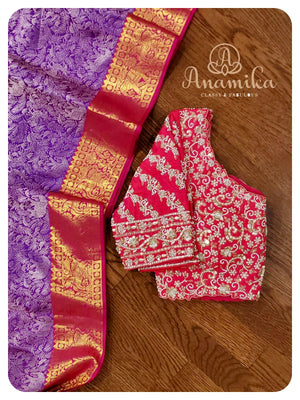 Purple Kanchipattu saree with heavy work blouse