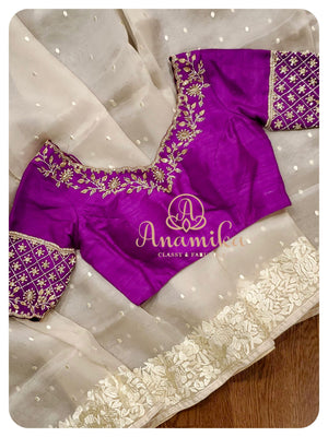 Cream organza saree with parsi work - Purple Blouse