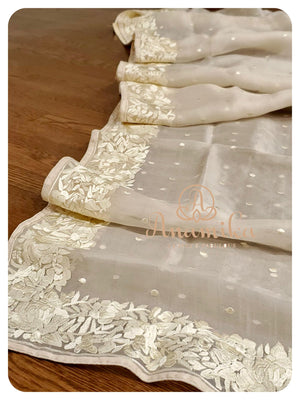 Cream organza saree with parsi work - Purple Blouse