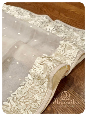 Cream organza saree with parsi work - Purple Blouse