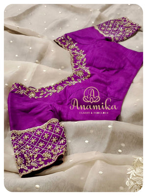 Cream organza saree with parsi work - Purple Blouse