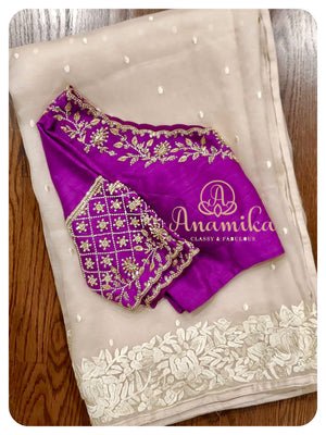 Cream organza saree with parsi work - Purple Blouse