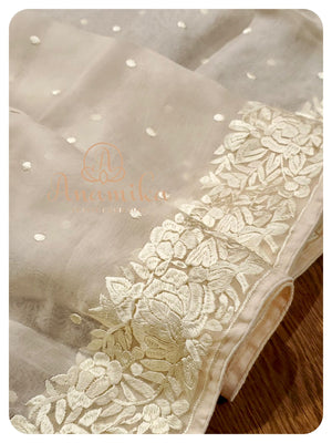 Cream organza saree with parsi work - Purple Blouse