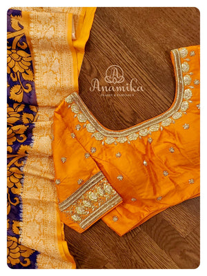 Purple Kalamkari chiffon banarasi saree with orange blouse