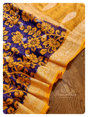 Purple Kalamkari chiffon banarasi saree with orange blouse