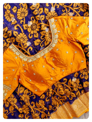 Purple Kalamkari chiffon banarasi saree with orange blouse