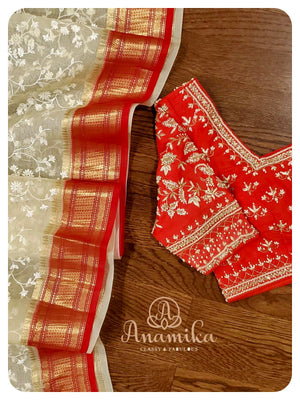 Offwhite chikankari organza with red kanchi border