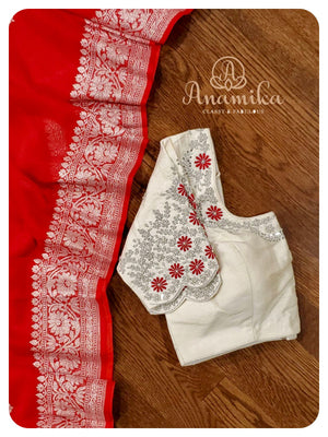 Red Banarasi Chiffon Saree with off white work blouse