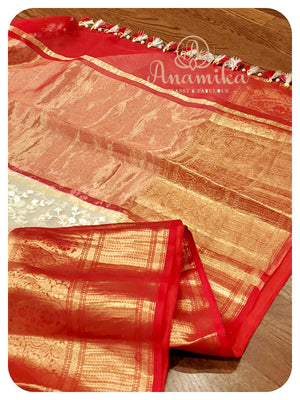 Cream chikankari organza with red kanchi border