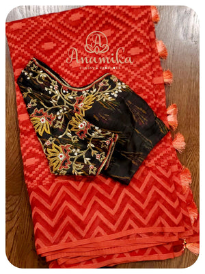 Red Muslin Dhakai Saree with black ikkat blouse